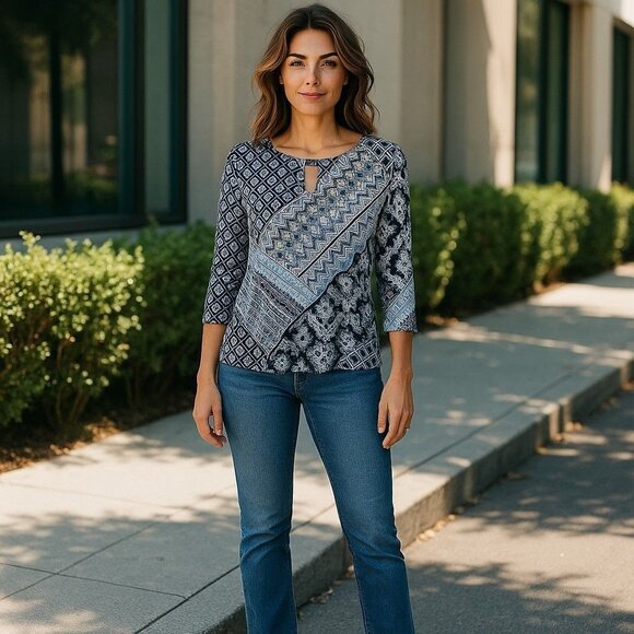 Boho Indie Retro Womens Blue Pattern Keyhole Blouse Quarter Sleeve Casual Top M - Picture 8 of 8